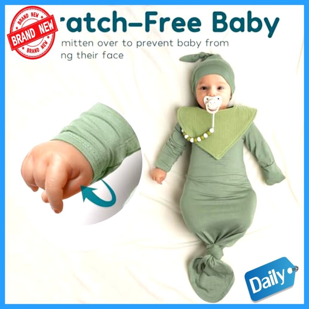 Newborn Knotted Sleep Gown Set with Hat Bow Clip Bib 0-3M - Picture 4 of 7